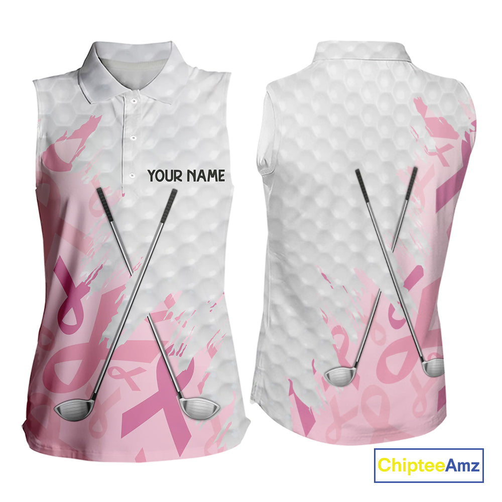 Breast cancer Women Sleeveless polos custom Pink ribbon pattern golf clubs team golf tops for ladies NQS10423