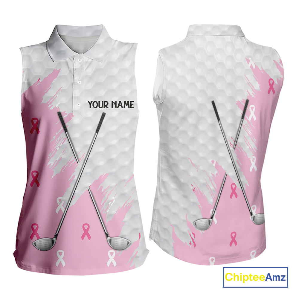 Light Pink ribbon breast cancer pattern custom white Sleeveless Polo Shirt, team ladies golf top NQS10422