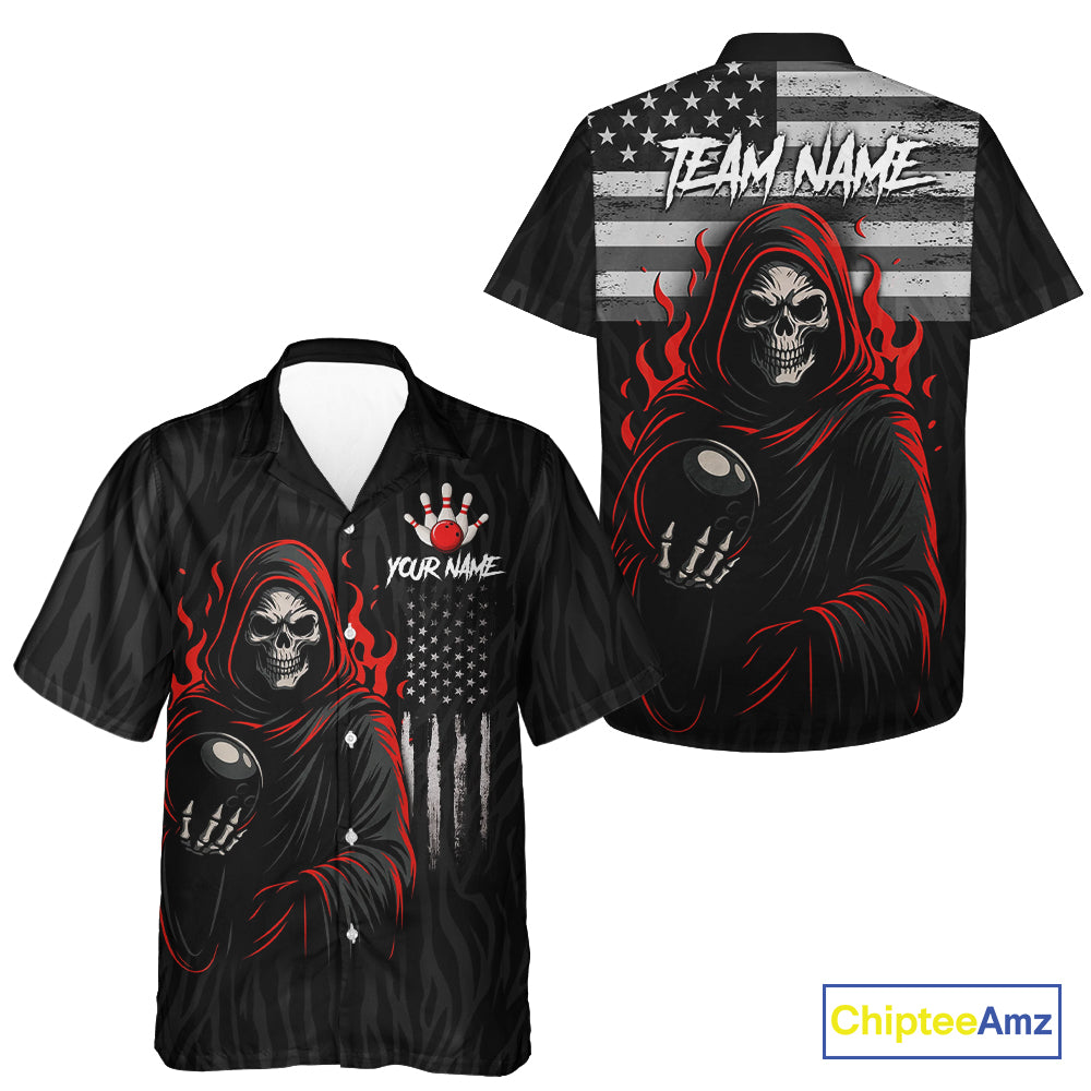 Black & White Camo American Flag Red Flame Skull Reaper Custom Patriotic Team Bowling Hawaiian Shirt NQS10852