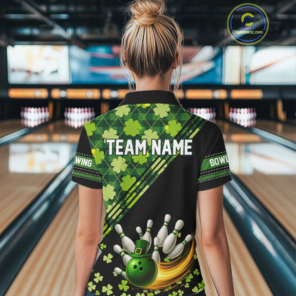 Black and Green shamrock argyle pattern Bowling Shirt For Women Custom St Patrick Team Bowling Jersey NQS11237