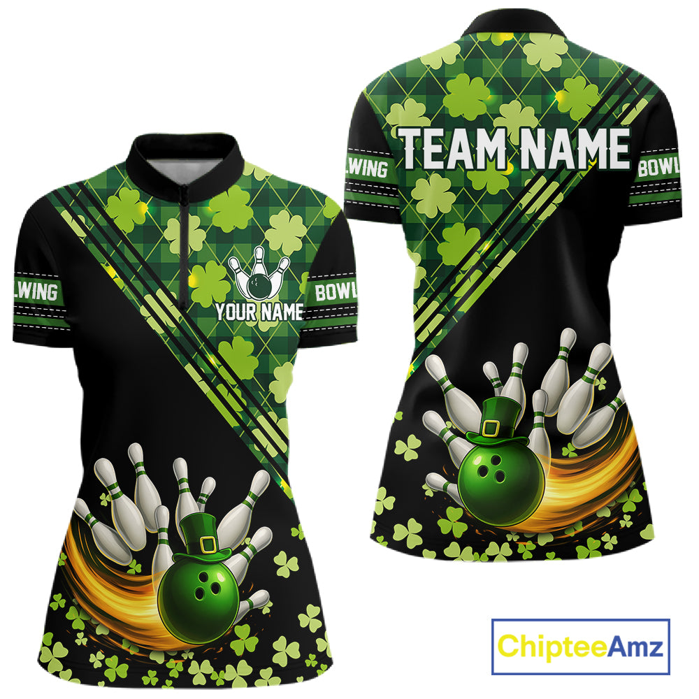 Black and Green shamrock argyle pattern Bowling Shirt For Women Custom St Patrick Team Bowling Jersey NQS11237