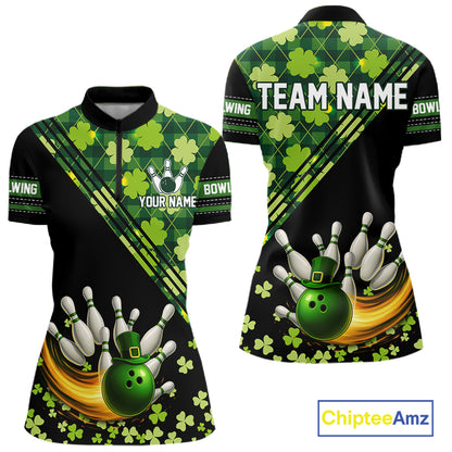 Black and Green shamrock argyle pattern Bowling Shirt For Women Custom St Patrick Team Bowling Jersey NQS11237