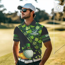 Load image into Gallery viewer, Black and Green shamrock argyle pattern Golf Polo Shirts For Men Custom St Patrick mens golf top NQS11238