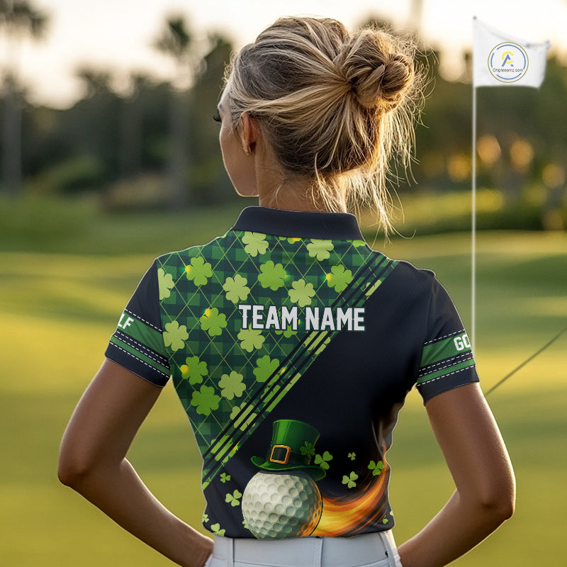 Black and Green shamrock argyle pattern Golf Polo Shirts For Women Custom St Patrick ladies golf top NQS11238