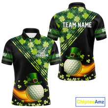 Load image into Gallery viewer, Black and Green shamrock argyle pattern Golf Polo Shirts For Men Custom St Patrick mens golf top NQS11238