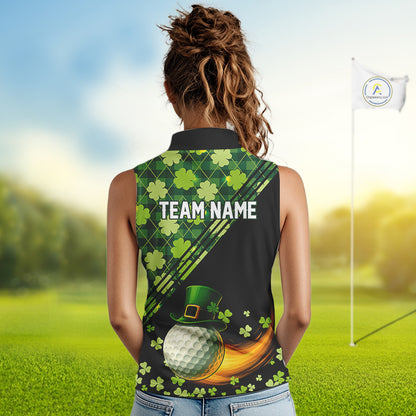 Black and Green shamrock argyle pattern Sleeveless Golf Polo Shirt Custom St Patrick ladies golf top NQS11238