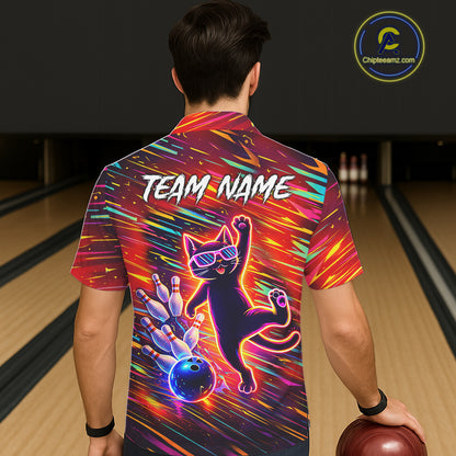Funny Colorful Neon Cat Hawaiian Bowling Jerseys custom Button up Bowling Team League Shirt NQS11429