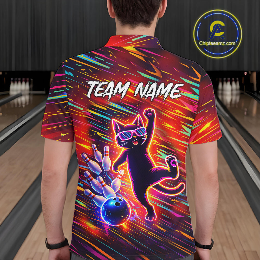 Funny Colorful Neon Cat Bowling Polo shirt, 1/4 zip shirts for men custom Bowling Team League Shirts NQS11429