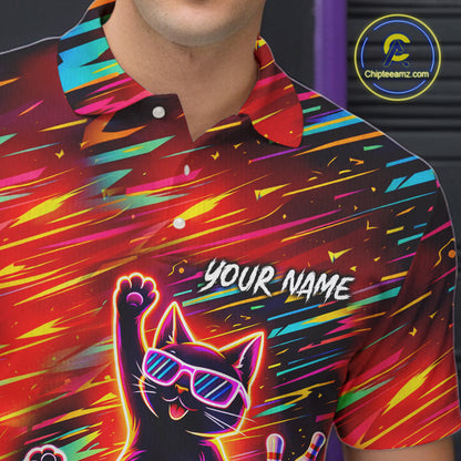 Funny Colorful Neon Cat Bowling Polo shirt, 1/4 zip shirts for men custom Bowling Team League Shirts NQS11429