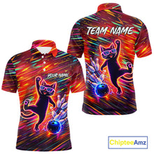 Load image into Gallery viewer, Funny Colorful Neon Cat Bowling Polo shirt, 1/4 zip shirts for men custom Bowling Team League Shirts NQS11429