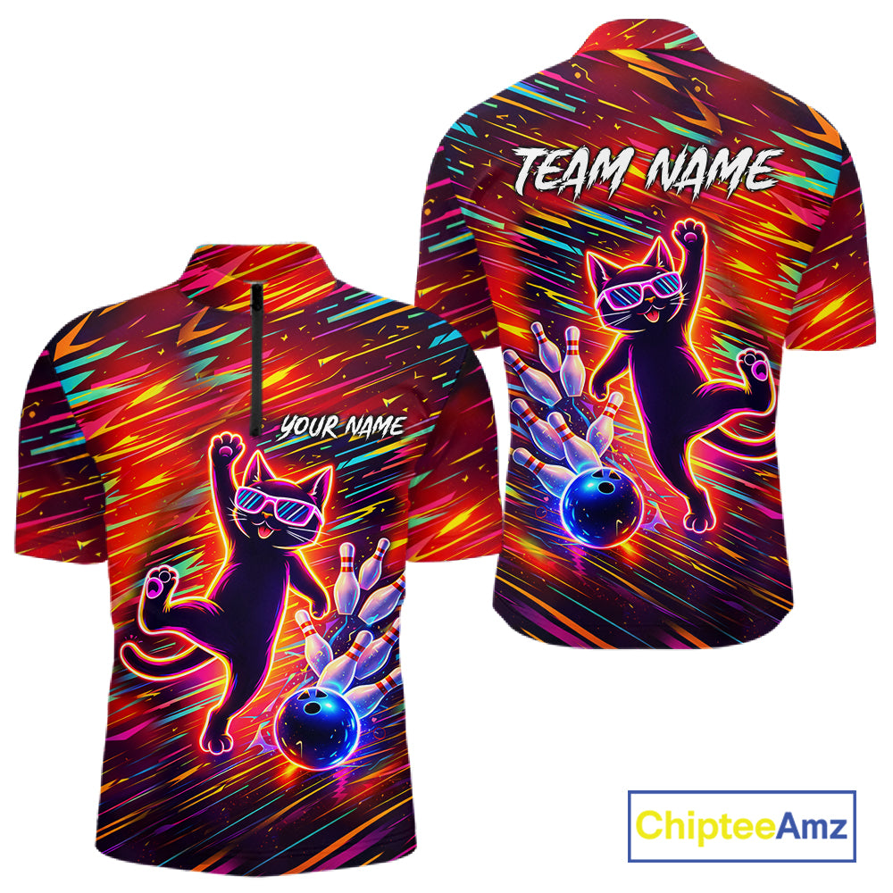 Funny Colorful Neon Cat Bowling Polo shirt, 1/4 zip shirts for men custom Bowling Team League Shirts NQS11429