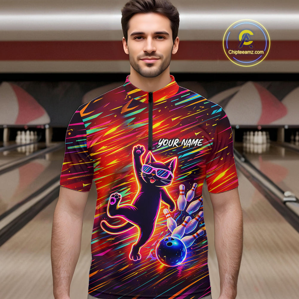 Funny Colorful Neon Cat Bowling Polo shirt, 1/4 zip shirts for men custom Bowling Team League Shirts NQS11429