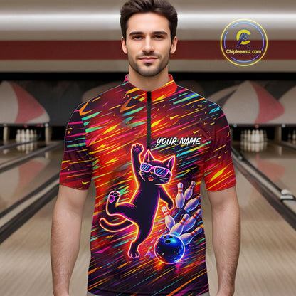 Funny Colorful Neon Cat Bowling Polo shirt, 1/4 zip shirts for men custom Bowling Team League Shirts NQS11429
