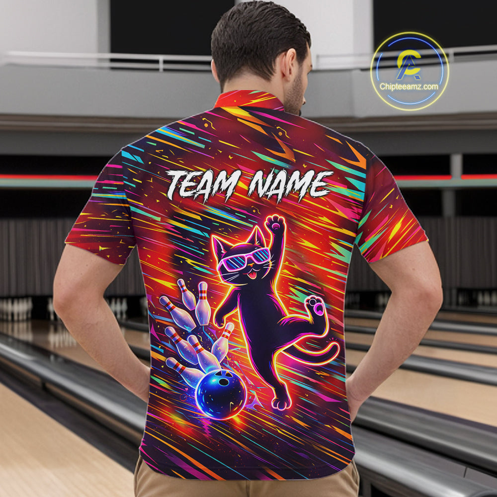 Funny Colorful Neon Cat Bowling Polo shirt, 1/4 zip shirts for men custom Bowling Team League Shirts NQS11429