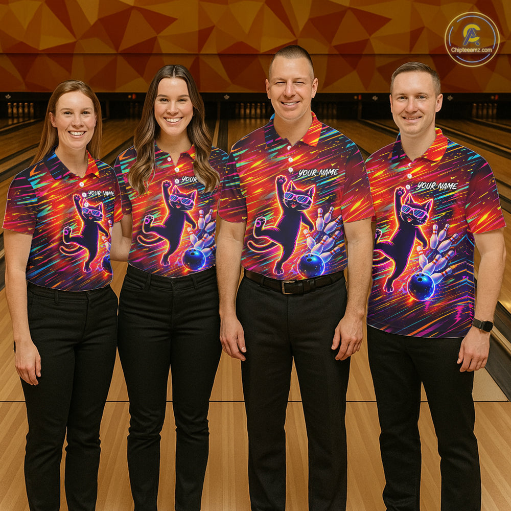 Funny Colorful Neon Cat Bowling Polo shirt, 1/4 zip shirts for men custom Bowling Team League Shirts NQS11429