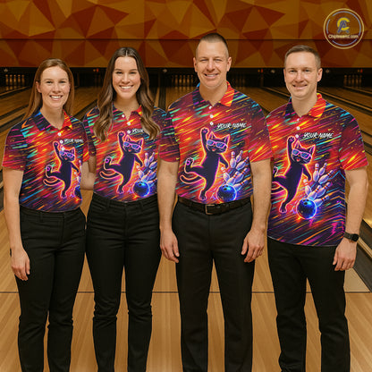 Funny Colorful Neon Cat Bowling Polo shirt, 1/4 zip shirts for men custom Bowling Team League Shirts NQS11429