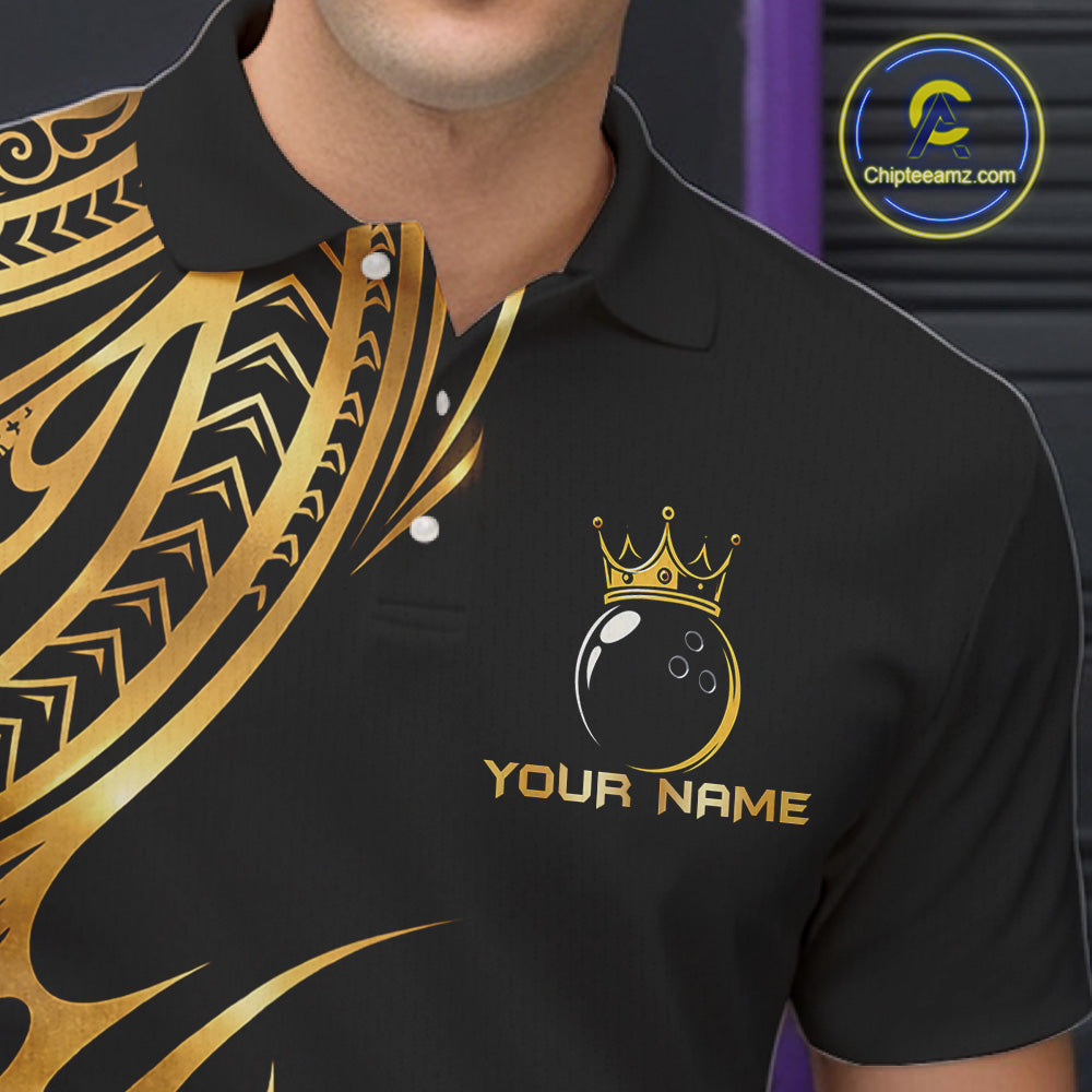 Black and Gold tribal pattern Bowling Polo, Quarter Zip Shirts For Men Custom Bowling Team Jerseys NQS11732