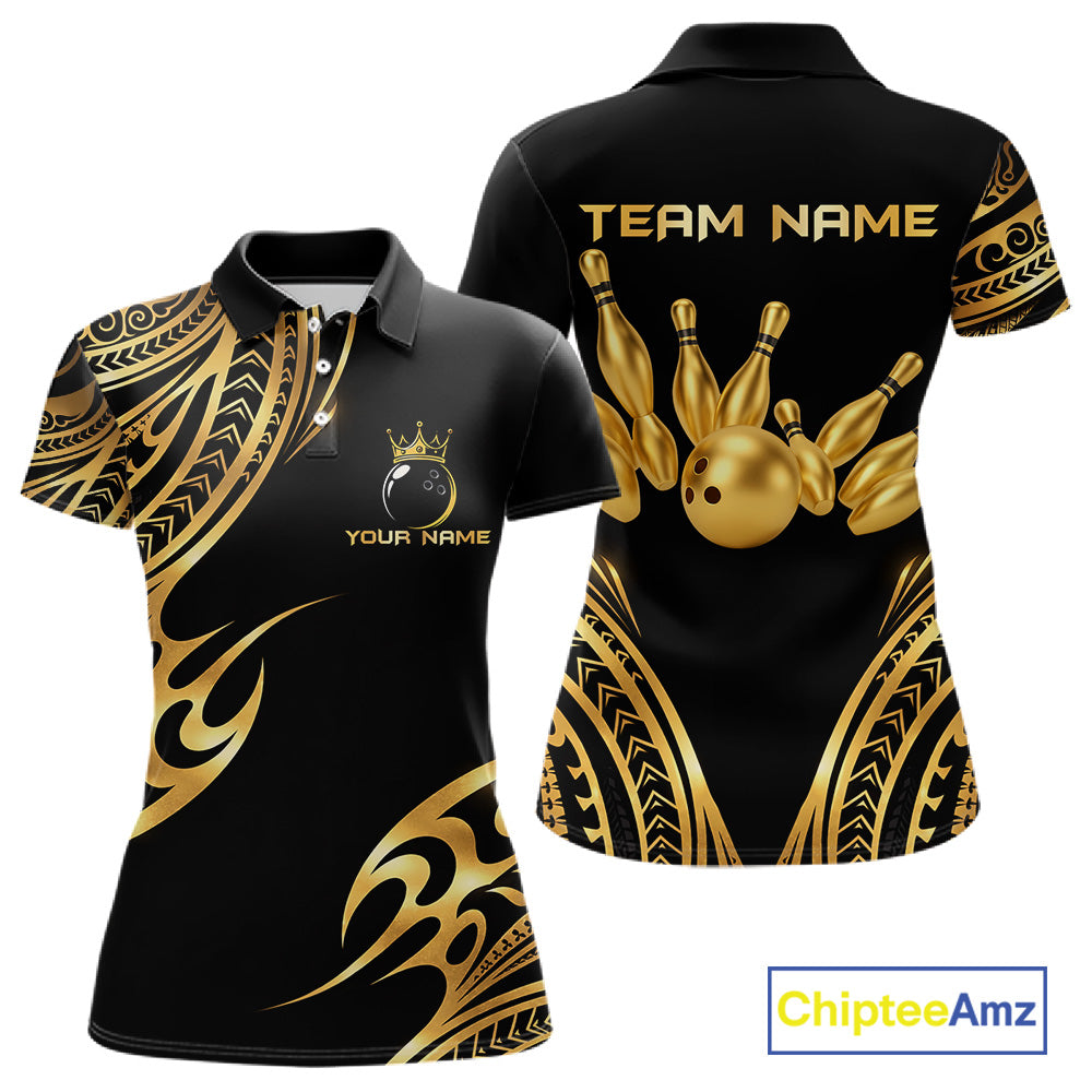 Black and Gold tribal pattern Bowling Polo, Quarter Zip Shirts For Women Custom Bowling Team Jerseys NQS11732