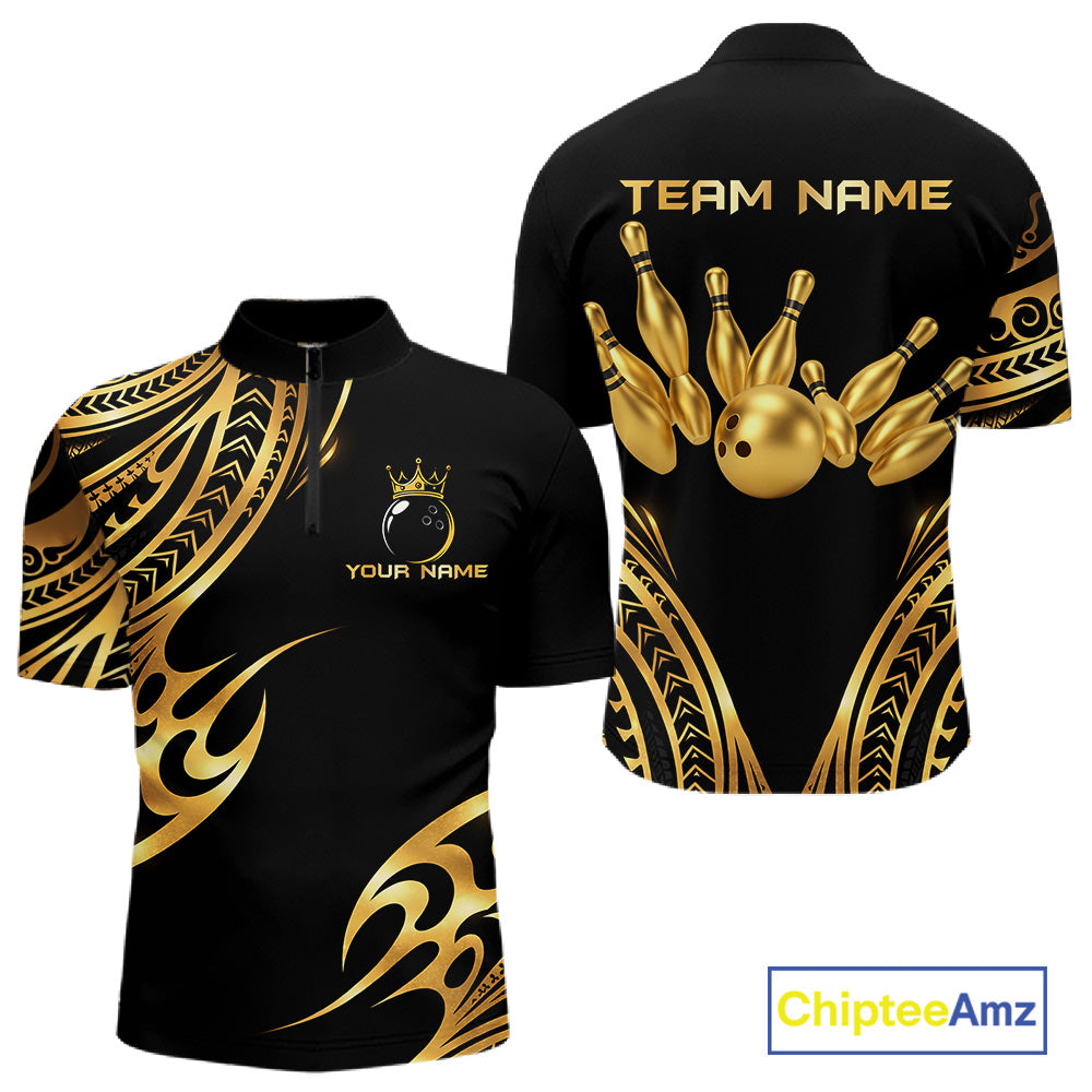 Black and Gold tribal pattern Bowling Polo, Quarter Zip Shirts For Men Custom Bowling Team Jerseys NQS11732