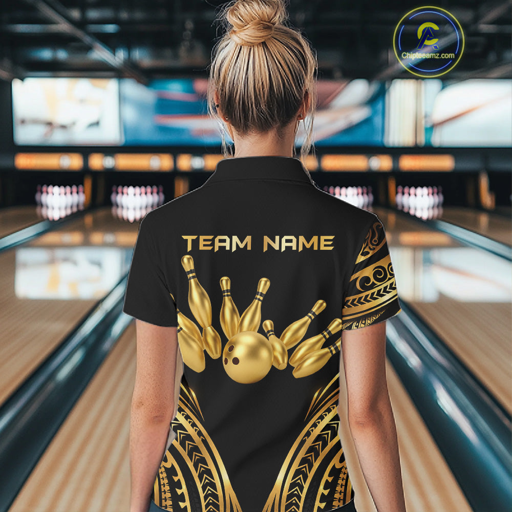 Black and Gold tribal pattern Bowling Polo, Quarter Zip Shirts For Women Custom Bowling Team Jerseys NQS11732