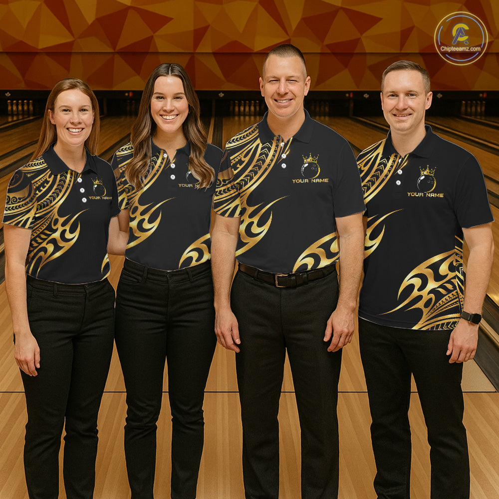 Black and Gold tribal pattern Bowling Polo, Quarter Zip Shirts For Women Custom Bowling Team Jerseys NQS11732