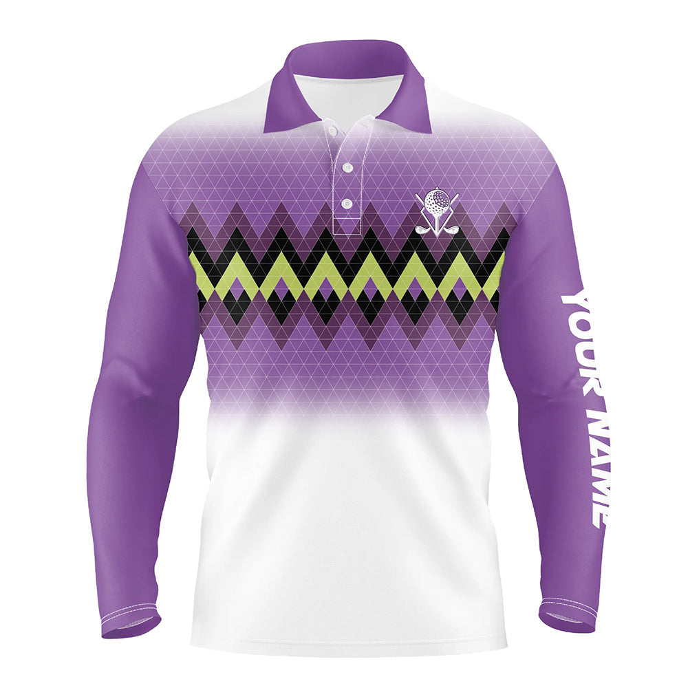 Purple graphic stripe argyle pattern custom Mens golf polo shirts, personalized mens golf tops NQS7611