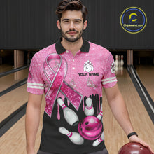 Load image into Gallery viewer, Black and Pink ribbon glitter Bowling Shirts For Men Custom breast cancer team bowling jerseys NQS9950