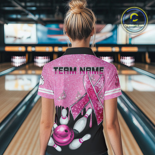 Black and Pink ribbon glitter Bowling Shirts For Women Custom breast cancer team bowling jerseys NQS9950