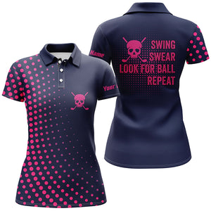 Funny Womens golf polo shirts custom swing swear look for ball repeat pink skull golf shirt | Navy NQS5714