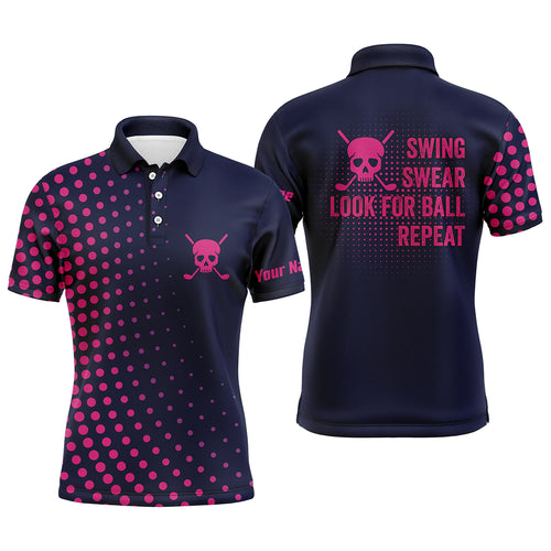 Funny Men golf polo shirts custom swing swear look for ball repeat pink skull golf shirts | Navy NQS5714