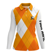 Load image into Gallery viewer, Womens golf polo shirts custom orange and white golf argyle plaid pattern, personalized golf gifts NQS7804