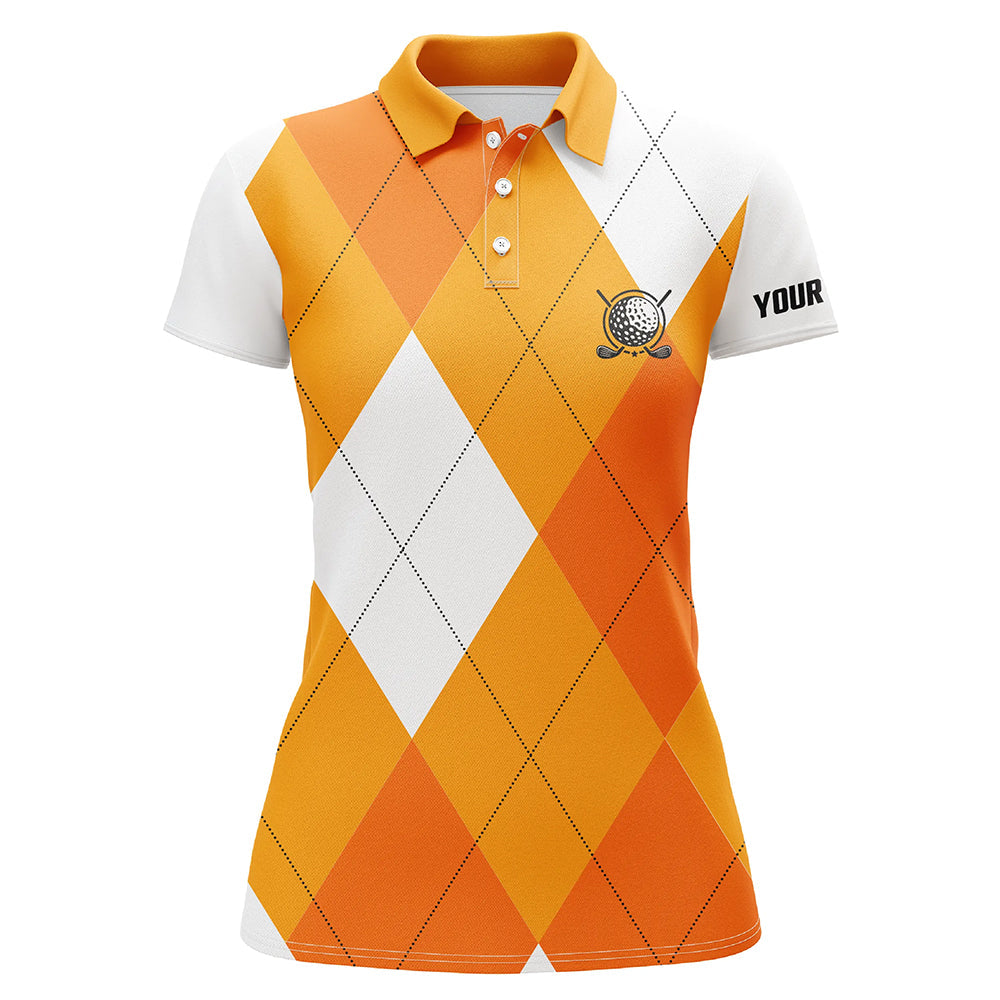 Womens golf polo shirts custom orange and white golf argyle plaid pattern, personalized golf gifts NQS7804