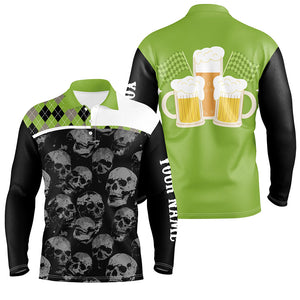 Black Skull argyle plaid pattern Mens golf polo shirts custom team beer golf top for men | Green NQS7813