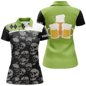 Black Skull argyle plaid pattern Women golf polo shirts custom team beer ladies golf top | Green NQS7813