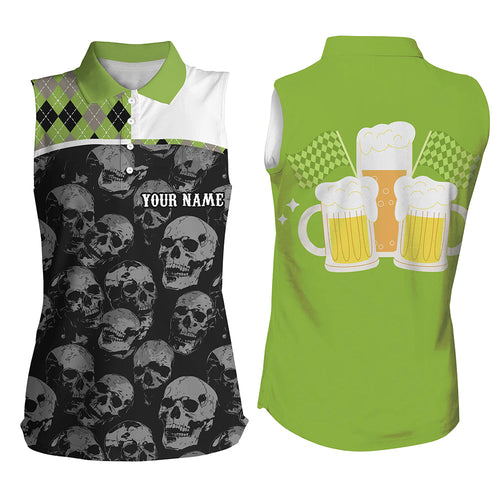 Black Skull argyle plaid pattern Womens sleeveless polo shirt custom team beer ladies golf top | Green NQS7813