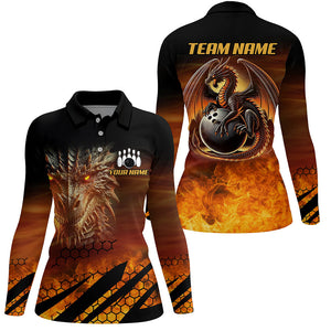 Black And Orange Custom Dragon Flame Bowling Shirts For Women, Dragon Fire Bowling Team Shirts NQS8234