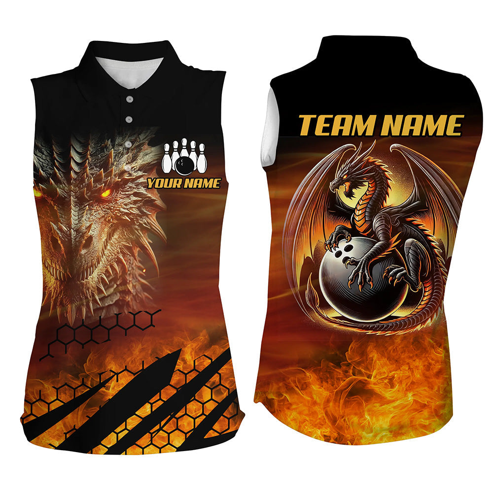 Black And Orange Custom Dragon Flame Bowling sleeveless polo Shirts, Dragon Fire Bowling Team Shirts NQS8234