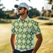 Load image into Gallery viewer, Mens golf polo shirts custom green argyle plaid pattern golf attire for men, golfer gifts NQS10435