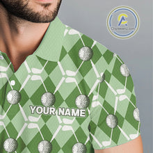 Load image into Gallery viewer, Mens golf polo shirts custom green argyle plaid pattern golf attire for men, golfer gifts NQS10435
