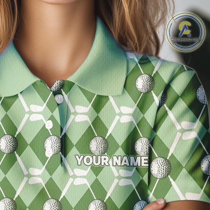 Women golf polo shirts custom green argyle plaid pattern golf attire for ladies, golfer gifts NQS10435