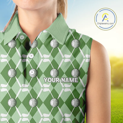 Women sleeveless polo shirt custom green argyle plaid pattern golf attire for ladies, golfer gifts NQS10435