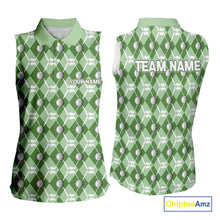 Load image into Gallery viewer, Women sleeveless polo shirt custom green argyle plaid pattern golf attire for ladies, golfer gifts NQS10435