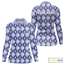 Load image into Gallery viewer, Women golf polo shirts custom blue argyle plaid pattern golf attire for ladies, golfer gifts NQS10434