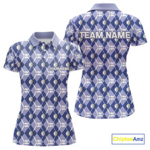 Load image into Gallery viewer, Women golf polo shirts custom blue argyle plaid pattern golf attire for ladies, golfer gifts NQS10434