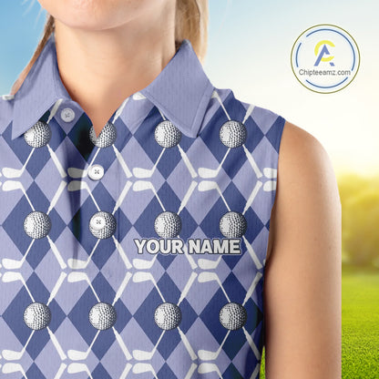 Women sleeveless polo shirt custom blue argyle plaid pattern golf attire for ladies, golfer gifts NQS10434