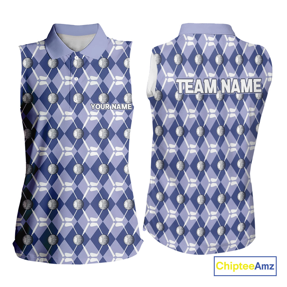 Women sleeveless polo shirt custom blue argyle plaid pattern golf attire for ladies, golfer gifts NQS10434