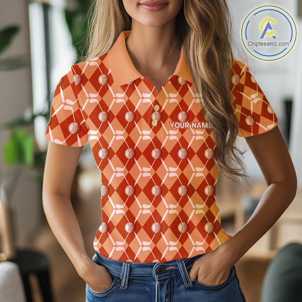 Women golf polo shirts custom orange argyle plaid pattern golf attire for ladies, golfer gifts NQS10436