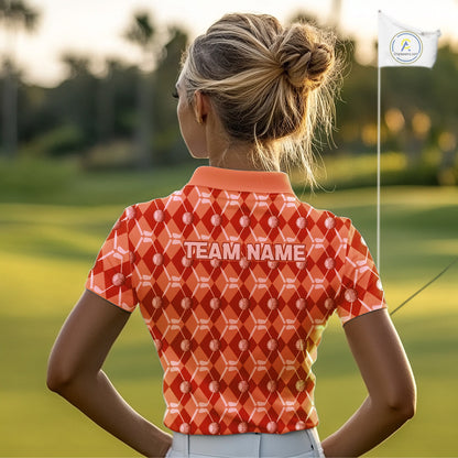 Women golf polo shirts custom orange argyle plaid pattern golf attire for ladies, golfer gifts NQS10436