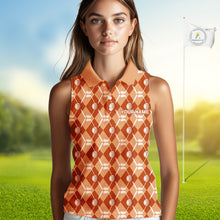 Load image into Gallery viewer, Women sleeveless polo shirt custom orange argyle plaid pattern golf attire for ladies, golfer gifts NQS10436