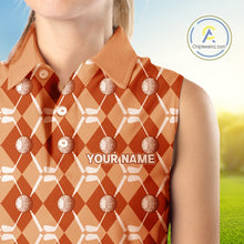 Load image into Gallery viewer, Women sleeveless polo shirt custom orange argyle plaid pattern golf attire for ladies, golfer gifts NQS10436
